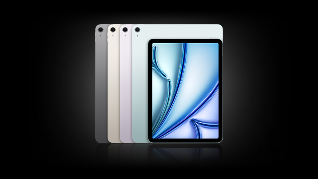 Na czarnym tle stoi pięć tabletów w odcieniach szarości i bieli. Ekran jednego z nich wyświetla abstrakcyjny, błękitny wzór.