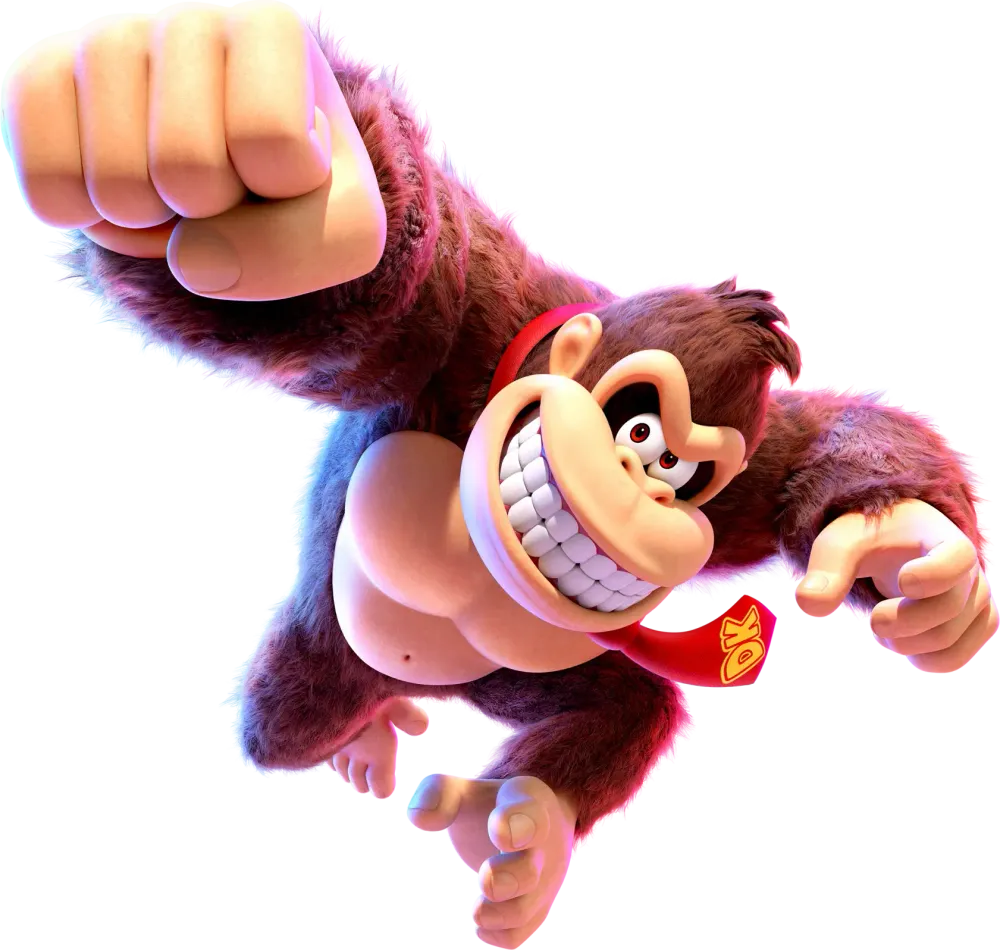 Donkey Kong przytula ogromnego, kryształowego banana z szerokim uśmiechem