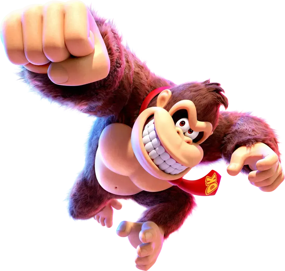 Donkey Kong przytula ogromnego, kryształowego banana z szerokim uśmiechem