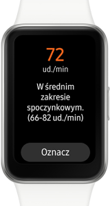 Na ekranie zegarka widnieje pomiar tętna: 72 ud./min, z informacją o średnim zakresie spoczynkowym (66-82 ud./min) i przyciskiem "Oznacz".