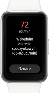 Na ekranie zegarka widnieje pomiar tętna: 72 ud./min, z informacją o średnim zakresie spoczynkowym (66-82 ud./min) i przyciskiem "Oznacz".