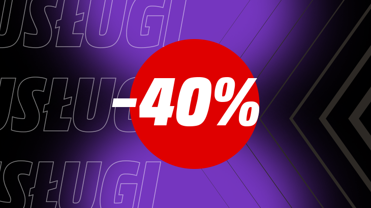 -40% w czerwonym kółku, na fioletowo szarym tle.