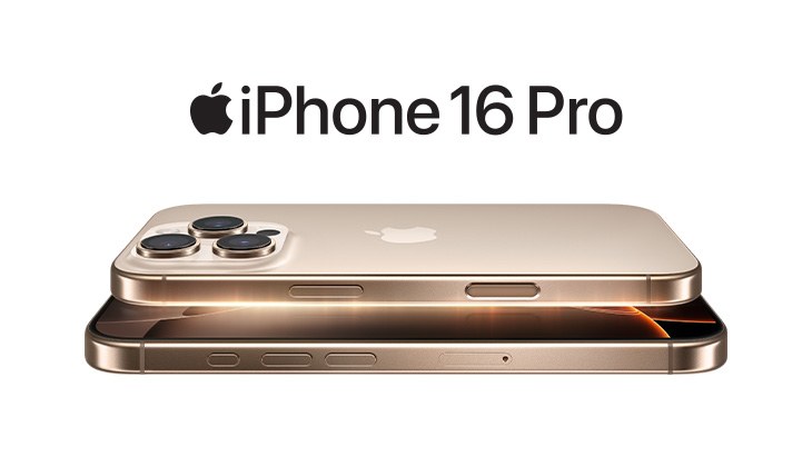Dwa złote telefony iPhone 16 Pro leżą na sobie na białym tle. Na górze napis iPhone 16 Pro i logo Apple.