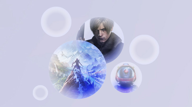 Na jasnofioletowym tle widoczne są okręgi z wizerunkami postaci i krajobrazów z gier wideo.