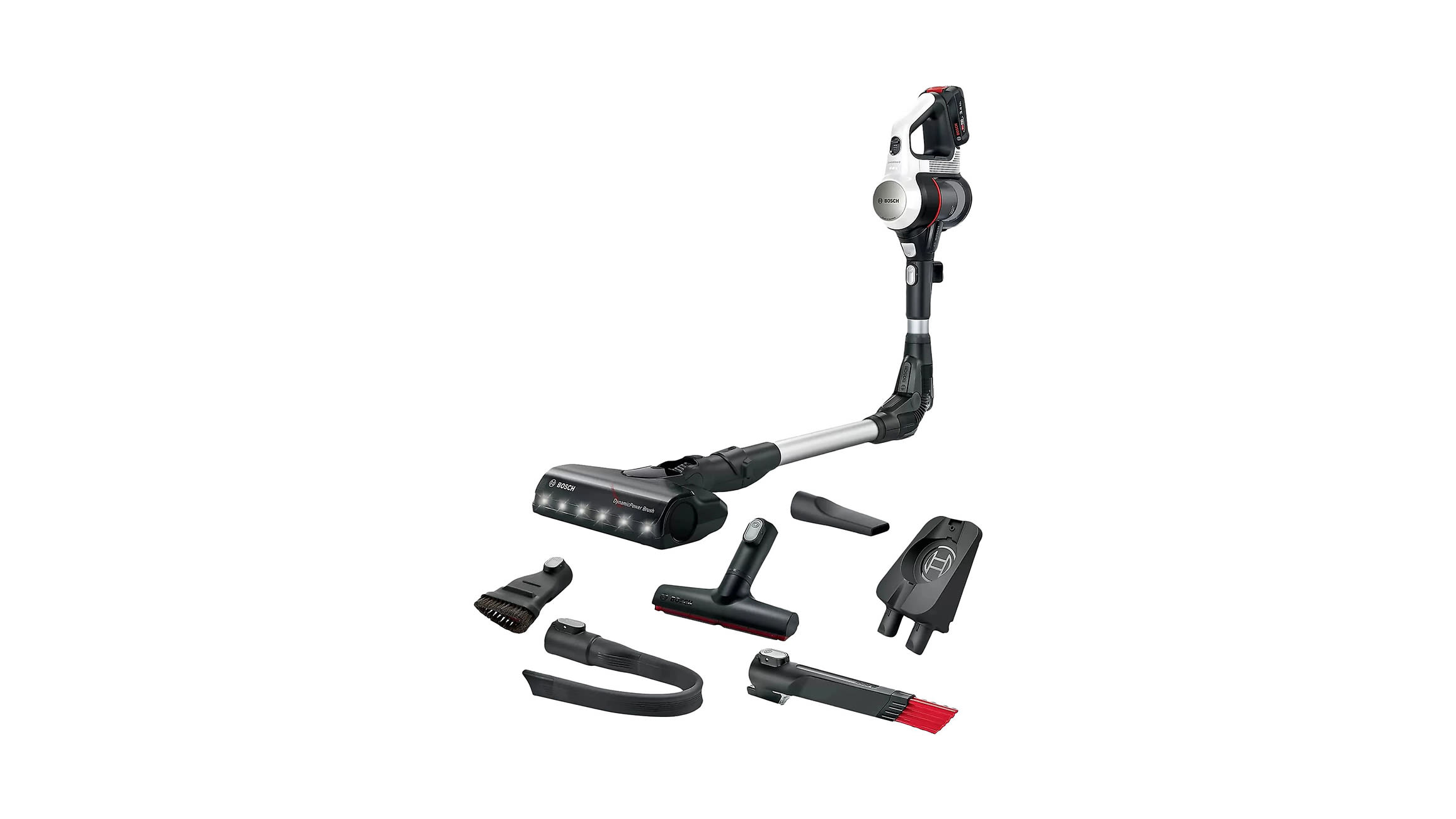 Czarny bezprzewodowy odkurzacz pionowy Bosch Unlimited 7, prezentowany w pozycji stojącej z końcówkami w zestawie na białym tle.