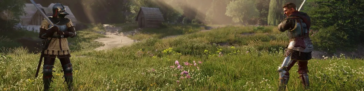 Na łące dwóch rycerzy trzyma miecze. W tle widać drzewa, kwiaty i budynki.