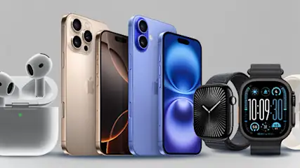 Na szarym tle widoczne są: słuchawki, trzy telefony i trzy smartwatche.