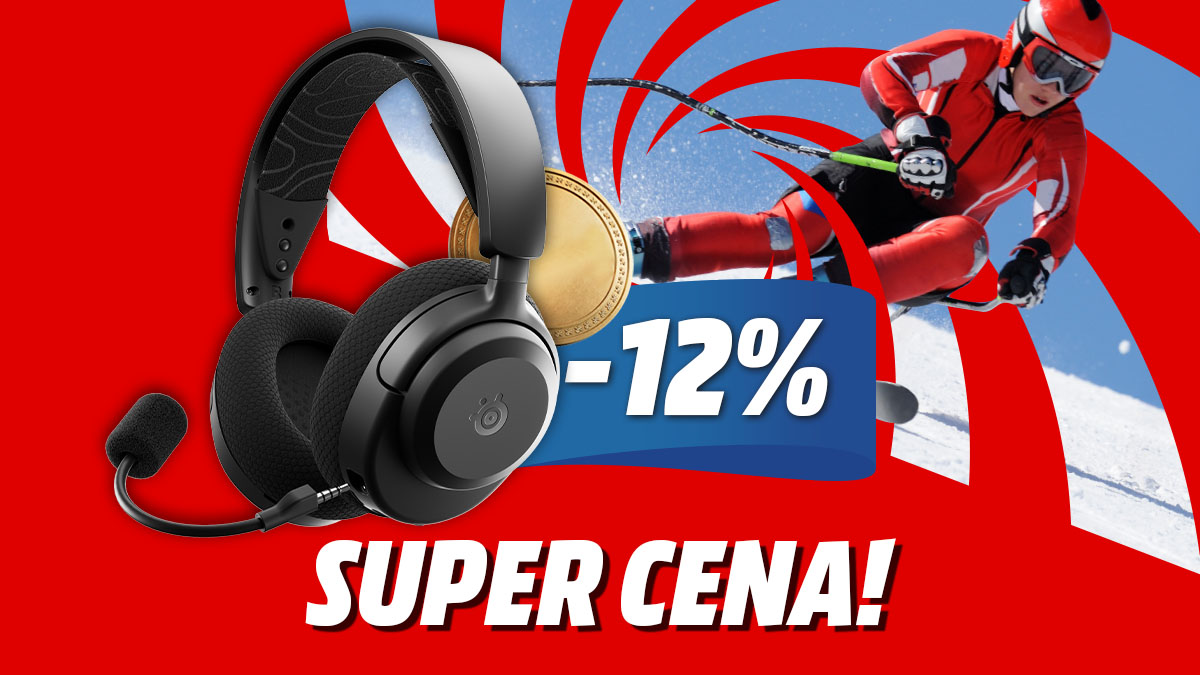 Słuchawki gamingowe STEELSERIES z napisem Super Cena -12%. W tle narciarz i medal akcji promocyjnej Okazje na medal.