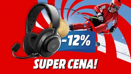 Słuchawki gamingowe STEELSERIES z napisem Super Cena -12%. W tle narciarz i medal akcji promocyjnej Okazje na medal.