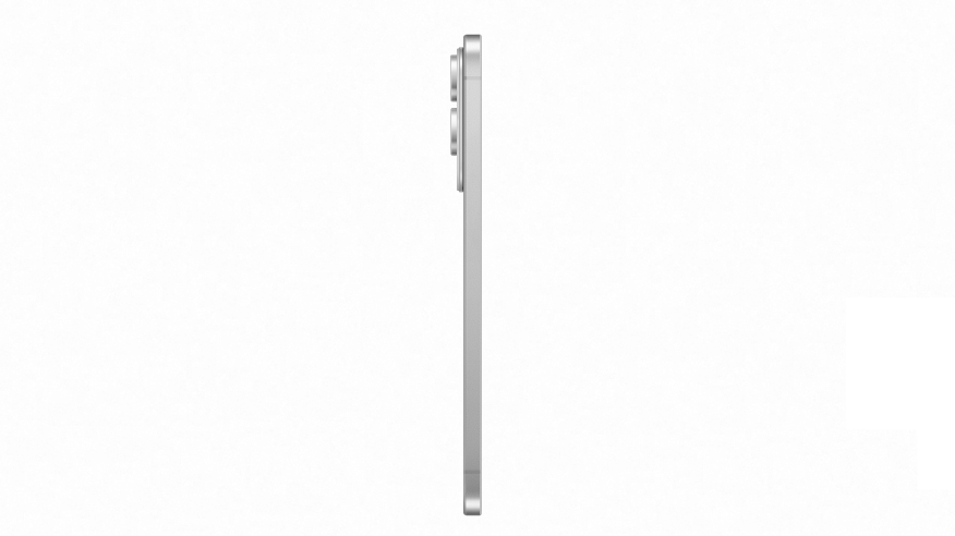 Biały smartfon na białym tle, widoczny z boku, z wystającymi obiektywami aparatu w górnej części urządzenia.