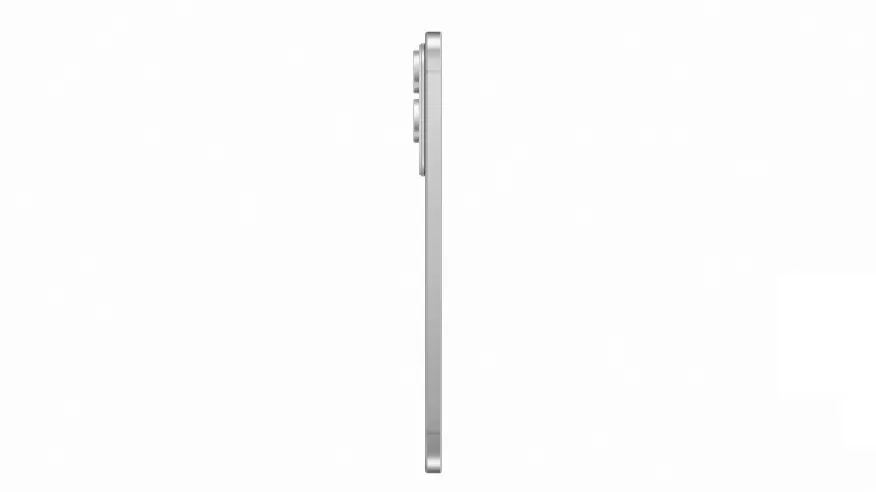 Biały smartfon na białym tle, widoczny z boku, z wystającymi obiektywami aparatu w górnej części urządzenia.