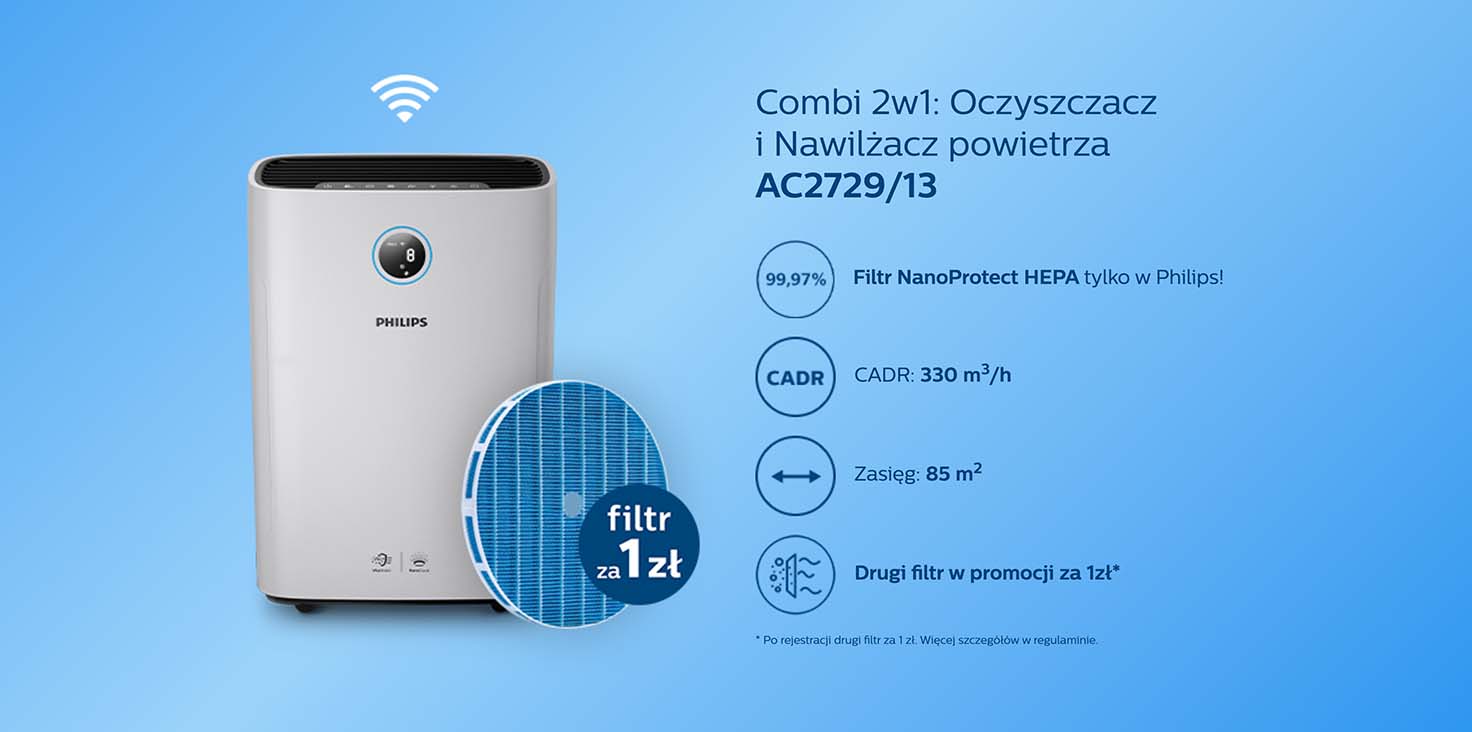 Na niebieskim tle oczyszczacz powietrza Philips, okrągły filtr z napisem "filtr za 1 zł" i tekst reklamowy.