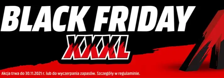Czarny banner z białym napisem "Black Friday" i czerwonym "XXXXL". U dołu informacja o trwającej do 30.11.2021 akcji.
