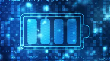 Niebieski schemat baterii z trzema paskami na tle cyfrowej mozaiki z kodem binarnym.