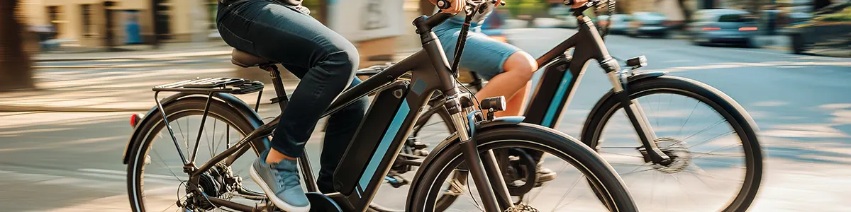 Dwie osoby jadą na rowerach elektrycznych po ulicy miasta w słoneczny dzień.