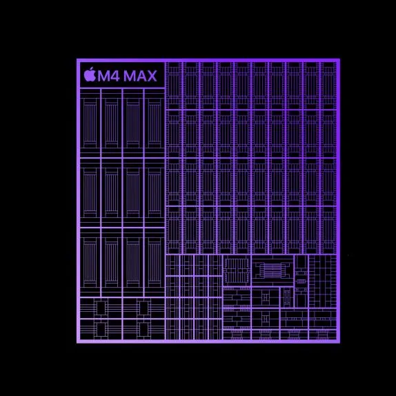 Fioletowy schemat układu M4 Max na czarnym tle, prezentujący architekturę z licznymi prostokątnymi sekcjami.