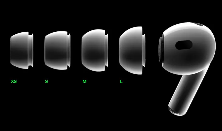 Na czarnym tle widać wkładki do słuchawek w rozmiarach XS, S, M i L, obok nich słuchawka.