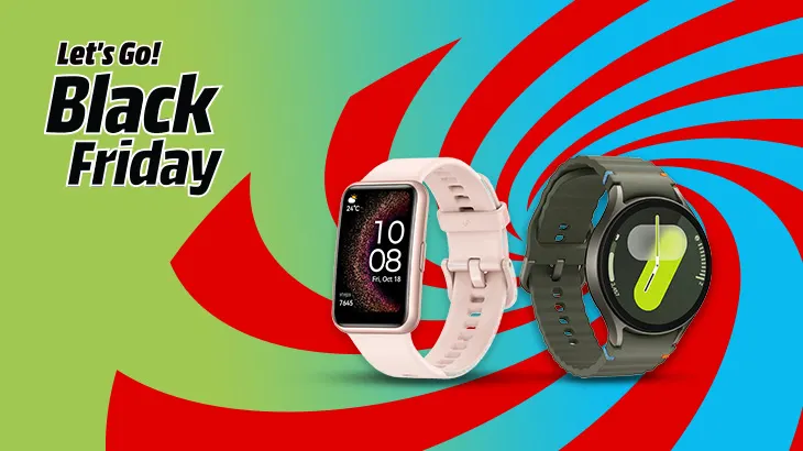 Dwa smartwatche na tle z napisem "Let's Go! Black Friday" oraz spiralnych wzorów w kolorach czerwonym i niebieskim na zielonym tle.