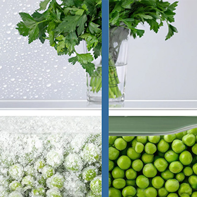 W lodówce: natka pietruszki w szklance, mrożony groszek pokryty szronem i świeży zielony groszek w pojemniku.