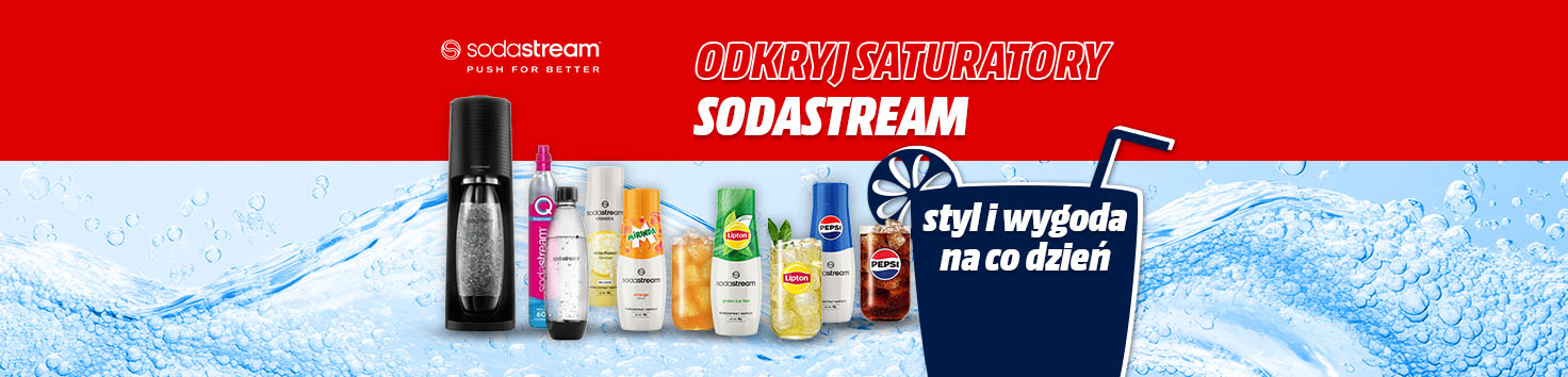 Odkryj saturatory SodaStream – styl i wygoda na co dzień. Saturator i naboje SodaStream na niebieskim tle.