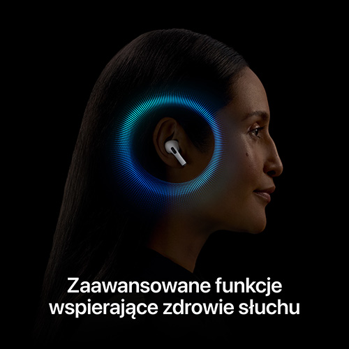 Profil kobiety z białą słuchawką w uchu, otoczoną niebieskim okręgiem na czarnym tle.