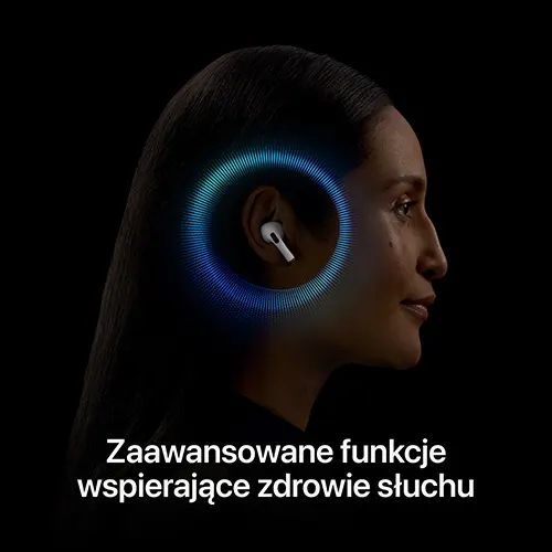 Profil kobiety z białą słuchawką w uchu, otoczoną niebieskim okręgiem na czarnym tle.