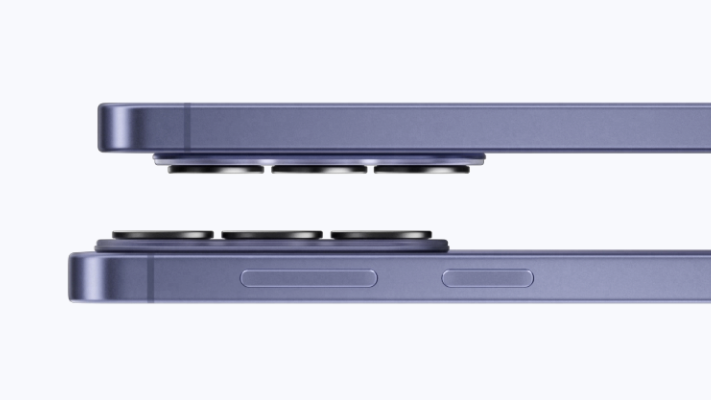 Grafika produktowa: dwa boczne ujęcia fioletowego smartfona Galaxy S26 z wystającymi obiektywami.