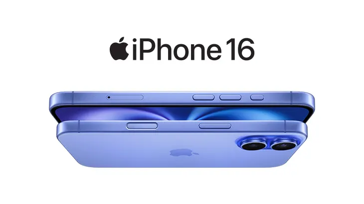 Dwa fioletowe telefony iPhone 16 ułożone jeden na drugim, widoczne z boku, na białym tle. U góry napis „iPhone 16” i logo Apple.
