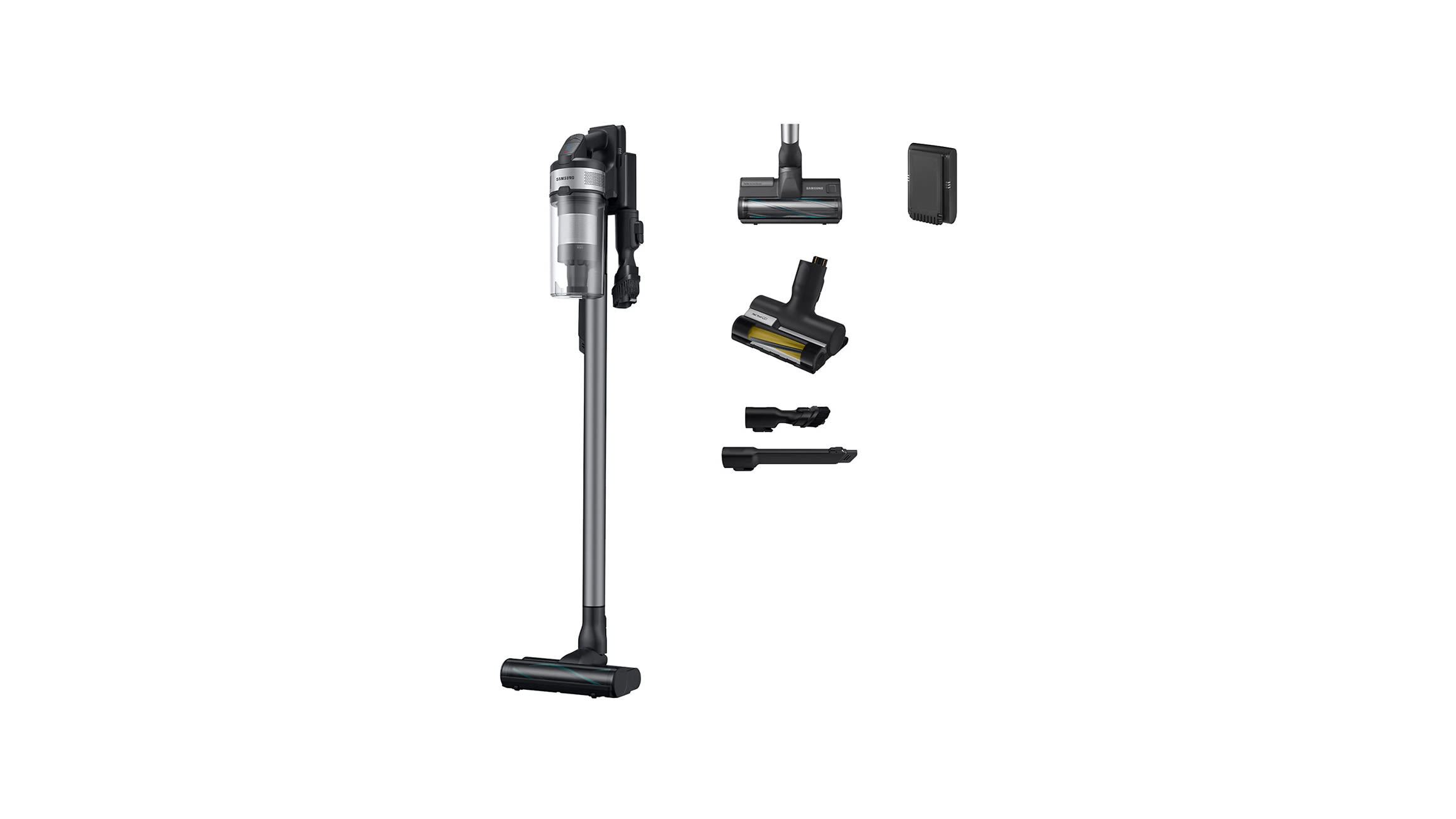 Bezprzewodowy czarny odkurzacz z końcówkami na białym tle.