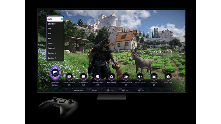 Telewizor Samsung wyświetla na ekranie Crimson Desert z aktywnym Panele Gracza. Ikona Gatunek gry oraz zakładka Auto są podświetlone. Na dole obrazka jest kontroler.