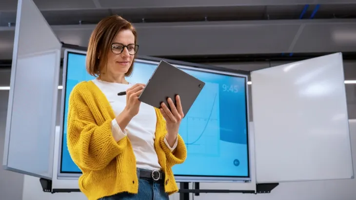 Kobieta w żółtym swetrze pisze na tablecie przed dużym ekranem i białymi tablicami w tle.