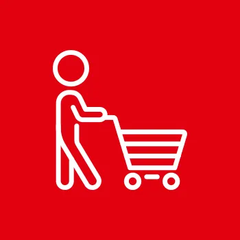 Biała ikona przedstawia osobę pchającą wózek na zakupy na czerwonym tle.
