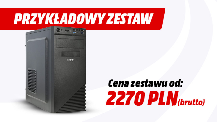 Przykładowy zestaw. Cena zestawu od 2270 PLN brutto. Obok komputer na szaro białym tle.