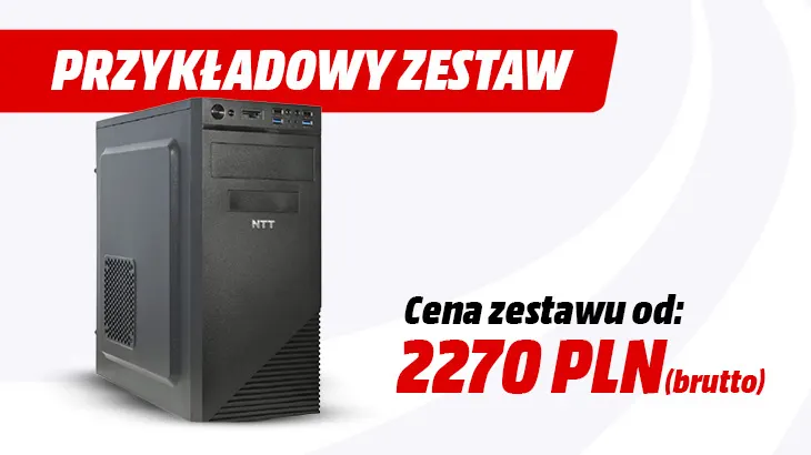 Przykładowy zestaw. Cena zestawu od 2270 PLN brutto. Obok komputer na szaro białym tle.