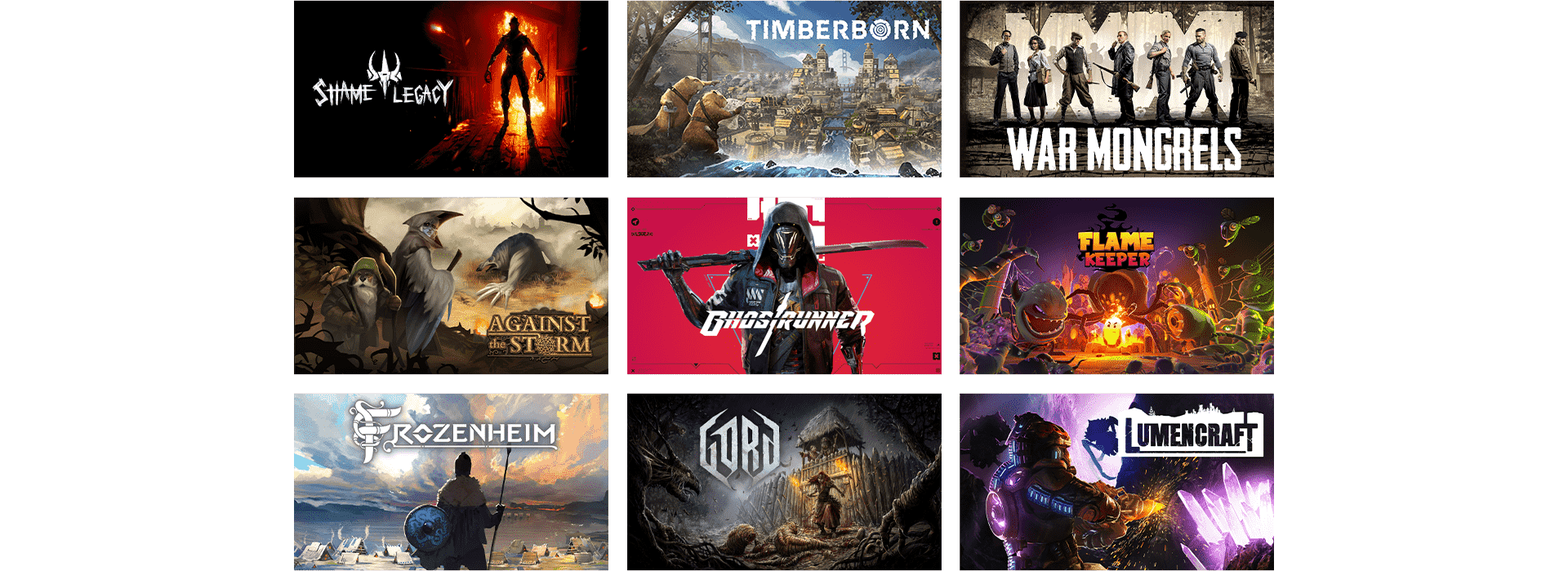 Kolaż okładek gier komputerowych, w tym "Shame Legacy", "Timberborn", "War Mongrels", "Against the Storm", "Ghostrunner", "Flame Keeper", "Frozenheim", "Gord" i "Lumencraft".