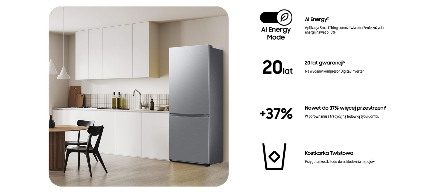 Szara lodówka na tle kuchni z białymi szafkami, stołem i krzesłami. Po prawej stronie informacje o produkcie.