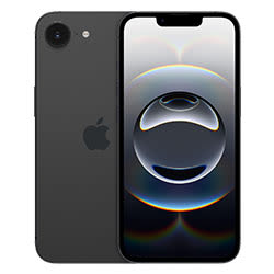 Dwa telefony iPhone: jeden z tyłu z kamerą i logo Apple, drugi z ekranem wyświetlającym abstrakcyjną grafikę.