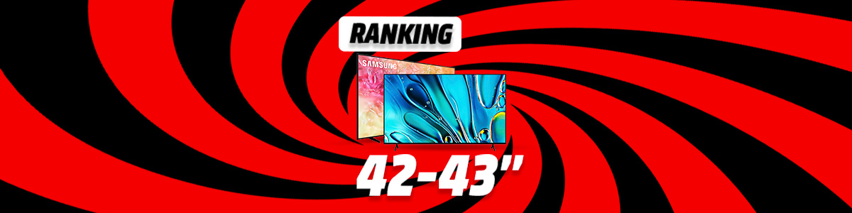 Grafika rankingu TV 42-43 cale - dwa zwycięskie telewizory na tle wizualizacji czerwono-czarnego wiru.
