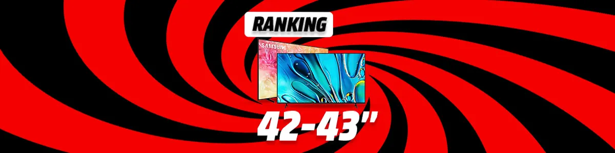 Grafika rankingu TV 42-43 cale - dwa zwycięskie telewizory na tle wizualizacji czerwono-czarnego wiru.