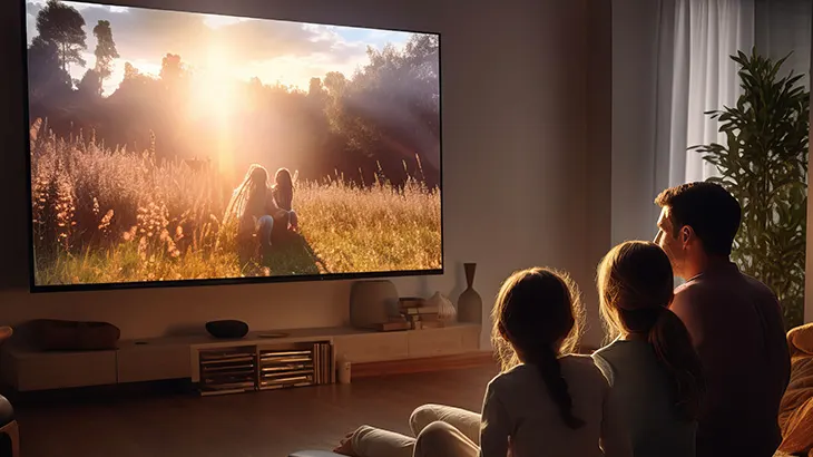 Ojciec z córką i synem siedzą w salonie przed telewizorem 55 cali. Na ekranie dwoje dzieci na wrzosowisku.