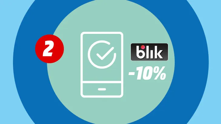 Na zielonym tle czerwone koło z liczbą 2, obok telefon z logiem blik oraz -10%.
