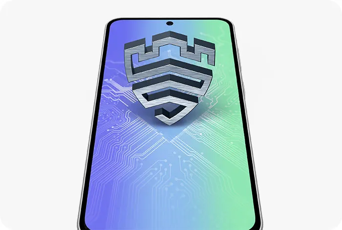 Smartfon z niebiesko-zielonym ekranem, na którym widnieje srebrna tarcza z motywem zamku i wzorem obwodu drukowanego.