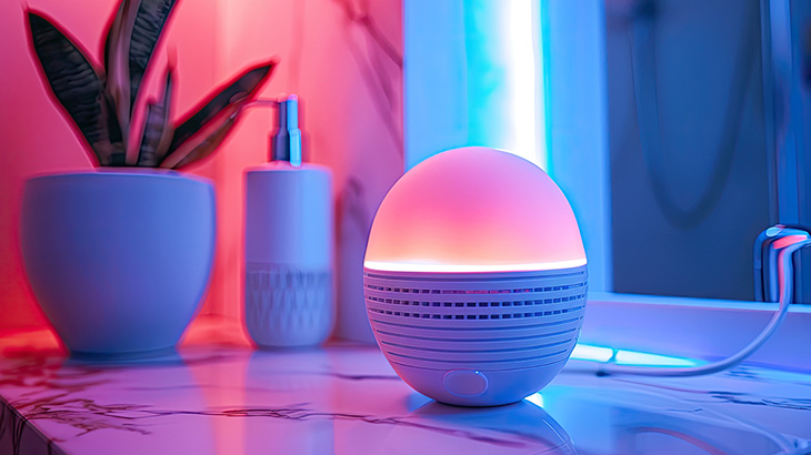 Na blacie stoi roślina w doniczce, dozownik mydła i okrągła lampka nocna z kablem. Tło jest różowo-niebieskie.