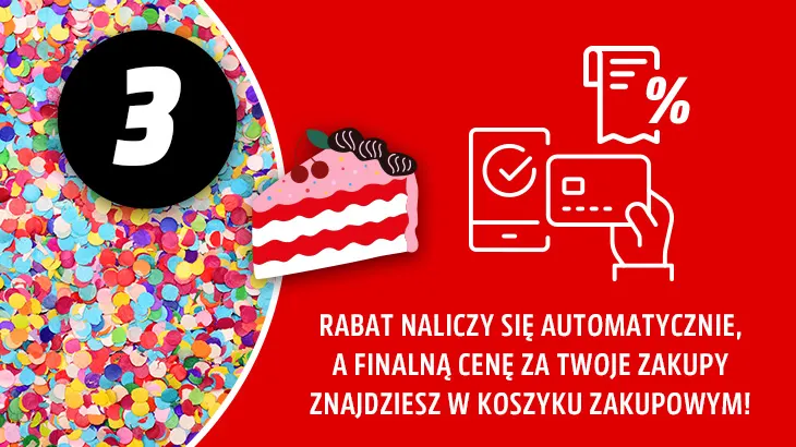 Krok 3 Rabat naliczy się automatycznie, a finalną cenę za Twoje zakupy znajdziesz w koszyku zakupowym! Na czerwonym tle obok ikona kawałka tortu.