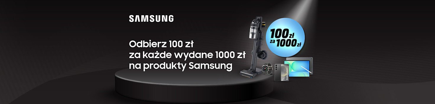 Odbierz 100 zł za każde wydane 1000 zł na produkty Samsung. Produkty na czarnym tle.