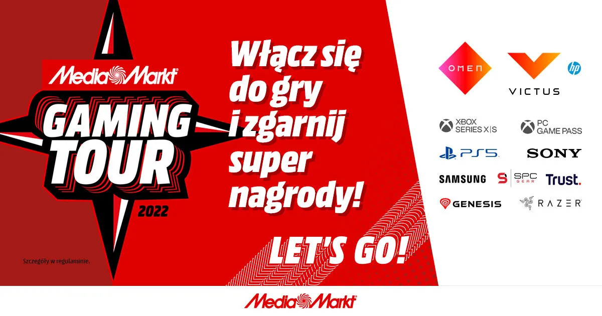 Napis "Media Markt Gaming Tour 2022". Logotypy marek: Omen, Victus, Xbox, Playstation, Samsung, Sony, Genesis i Razer.