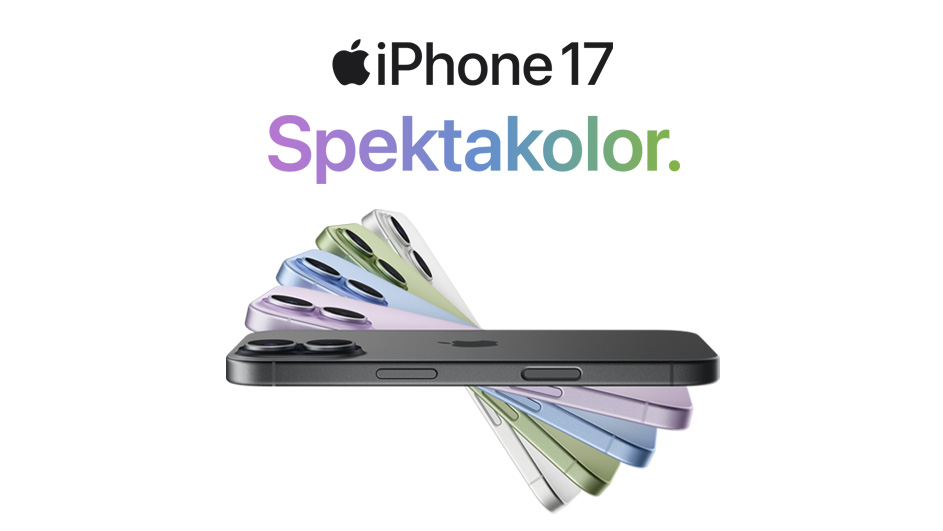 iPhone 17 spektakolor, 5 iPhone pokazanych na białym tle.