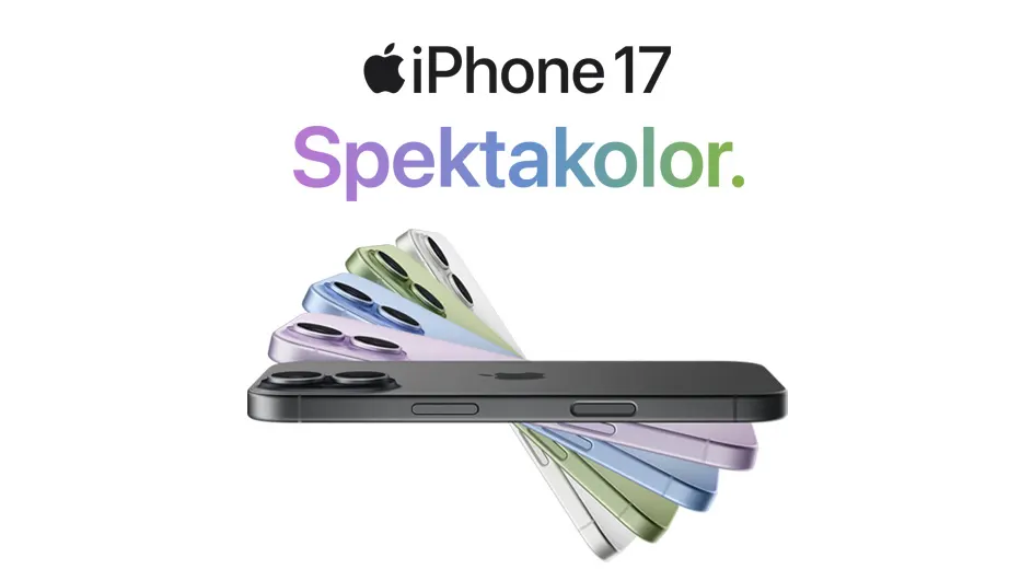 iPhone 17 spektakolor, 5 iPhone pokazanych na białym tle.