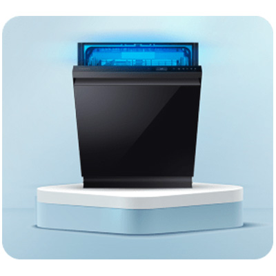 Czarna, pionowa obudowa stoi na białej podstawie na niebieskim tle. W górnej części obudowy widoczny jest niebieski ekran.