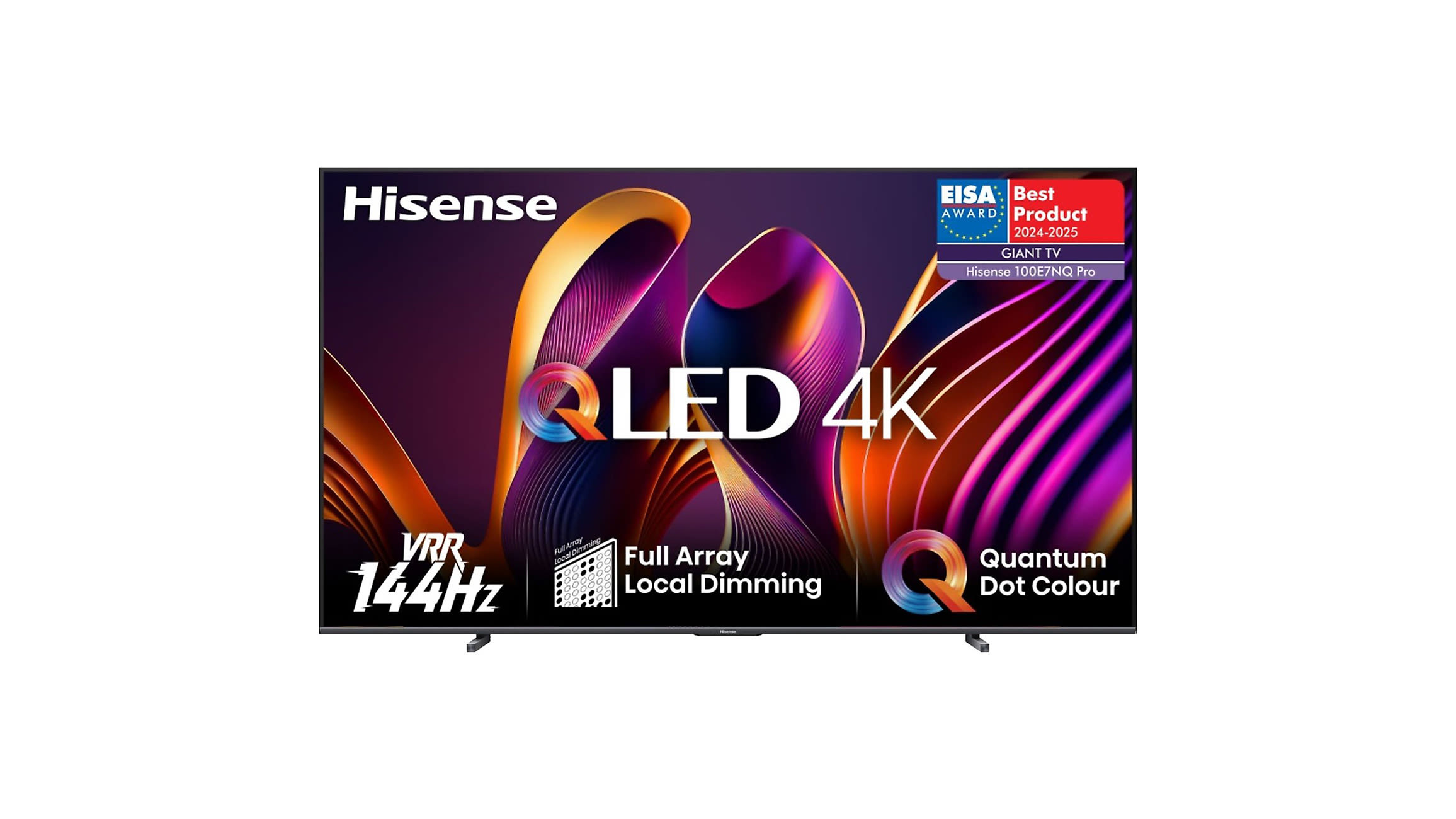 Stucalowy telewizor QLED Hisense z cienką ramką i wyświetlaczem Ultra HD, ustawiony na białym tle.